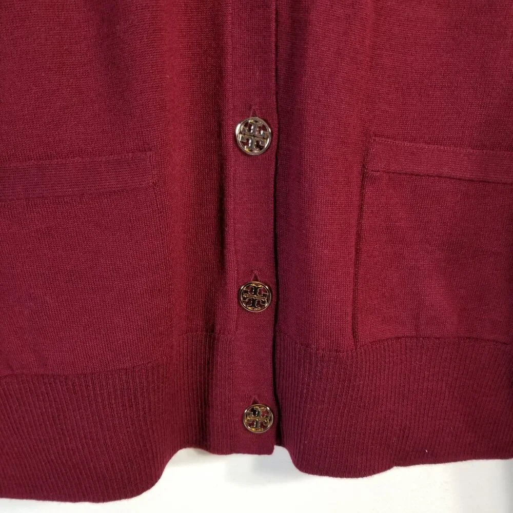 NWT Tory Burch Madeline 100% Merino Wool Cardigan Garnet Red‎ Logo Button XS